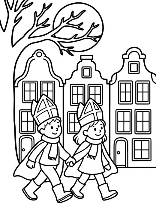 Kleurplaat: hand in hand naar huis onder de maan